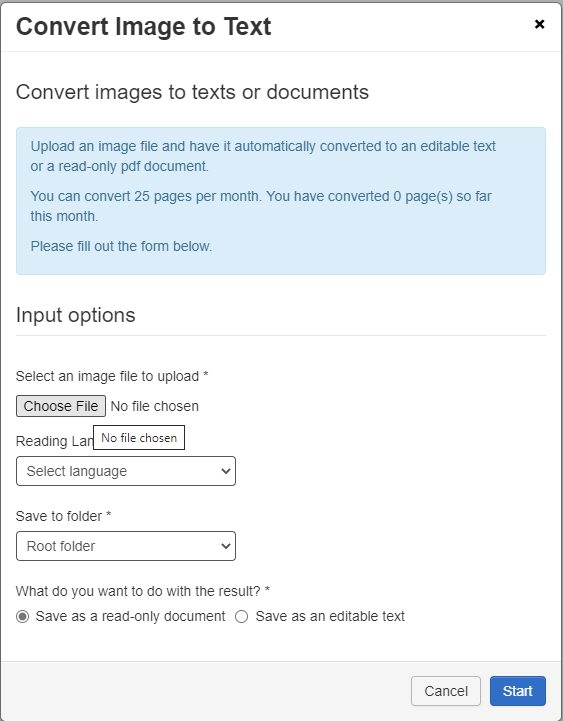 Upload file dialog box