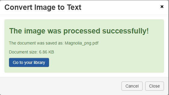 Processing successful dialog box